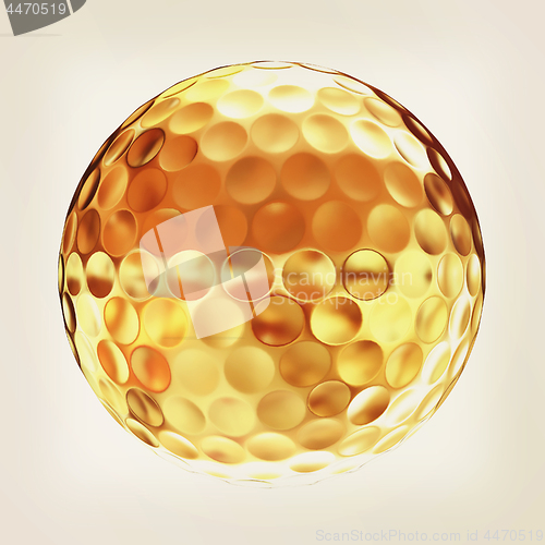 Image of 3d rendering of a golfball in gold. Vintage style