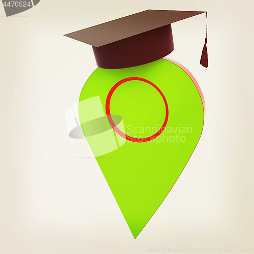 Image of Geo pin with graduation hat on white. School sign, geolocation a