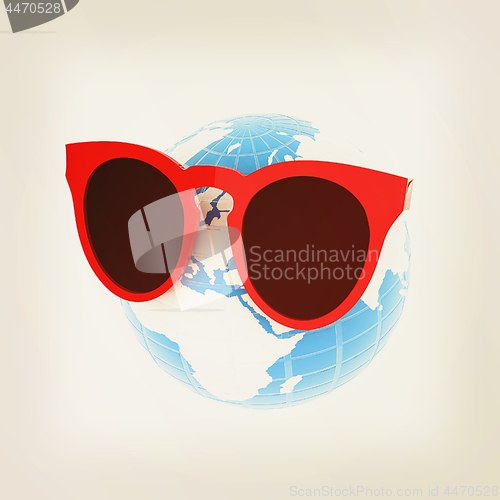 Image of Earth planet with earphones and sunglasses. 3d illustration. Vin