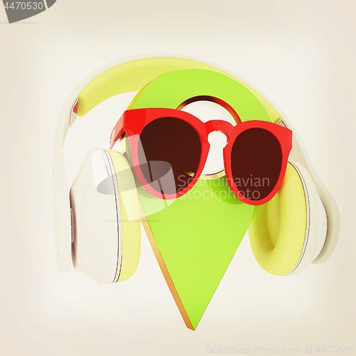 Image of Glamour map pointer in sunglasses and headphones. 3d illustratio