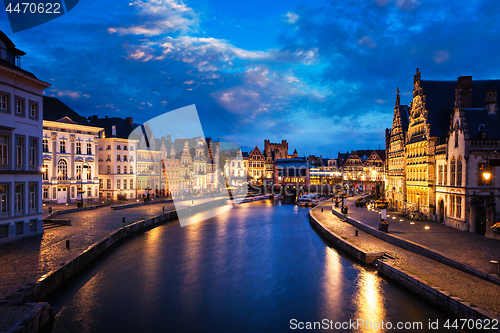 Image of Graslei street and canal in the evening. Ghent, Belgium