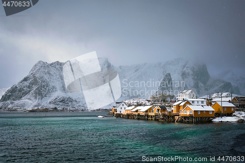Image of Yellow rorbu houses, Lofoten islands, Norway