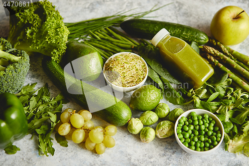 Image of Assortment of fresh organic antioxidants. Green fruits and vegetables