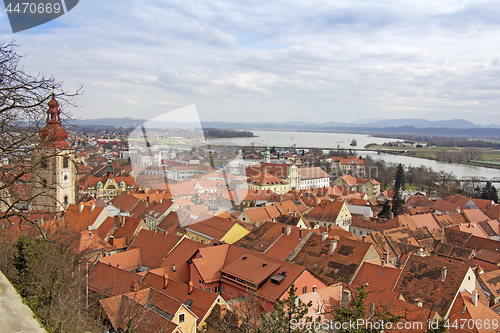 Image of A view of the center of Ptuj city, church and old  town of Ptuj,