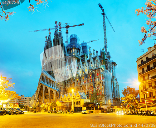 Image of Overview with Sagrada Familia basilica at sunrise