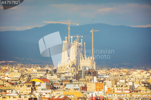 Image of Aerial overview with Sagrada Familia on a sunny day