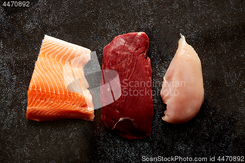 Image of Fresh raw beef steak, chicken breast, and salmon fillet