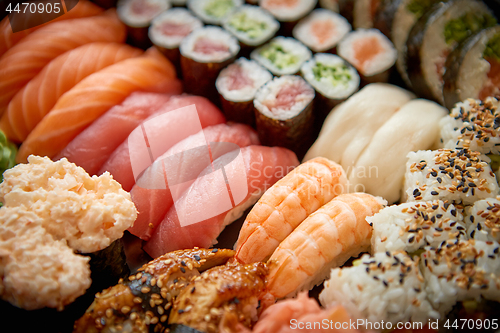 Image of Close up of various types of japanese fresh prepared sushi.