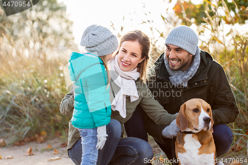 Image of happy family with beagle dog outdoors in autumn
