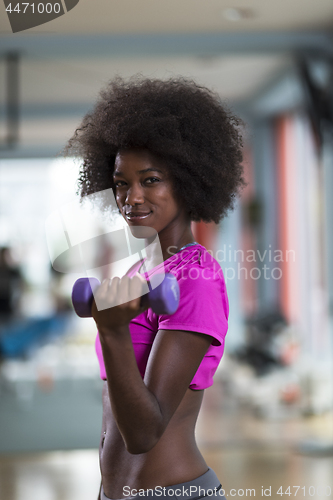 Image of woman working out in a crossfit gym with dumbbells