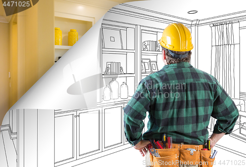 Image of Contractor Facing Built-in Shelves and Cabinets Drawing with Pag