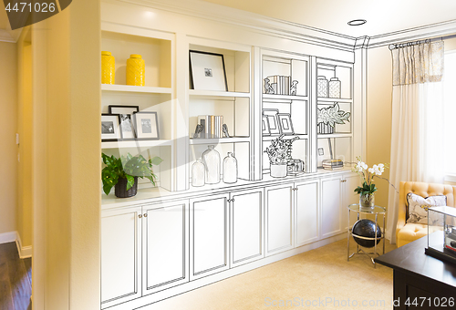 Image of Custom Built-in Shelves and Cabinets Design Drawing Gradating to