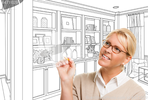 Image of Young Woman Over Custom Built-in Shelves and Cabinets Design Dra