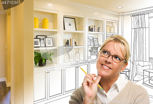 Image of Young Woman Over Custom Built-in Shelves and Cabinets Design Dra