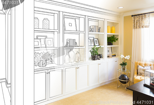 Image of Custom Built-in Shelves and Cabinets Design Drawing Gradating to