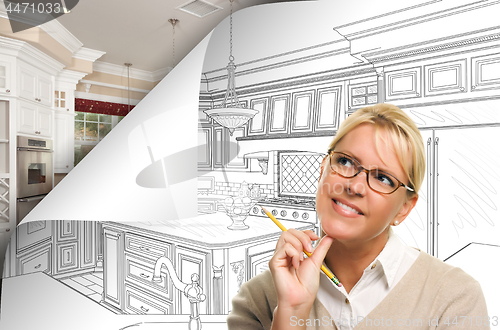 Image of Woman Facing Kitchen Drawing Page Corner Flipping with Photo Beh