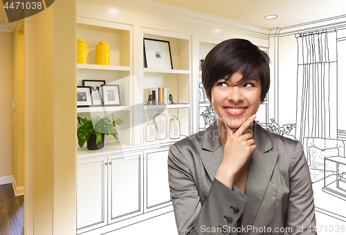 Image of Young Woman Over Custom Built-in Shelves and Cabinets Design Dra