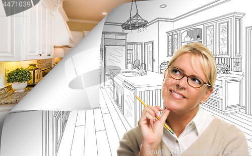 Image of Woman Facing Kitchen Drawing Page Corner Flipping with Photo Beh