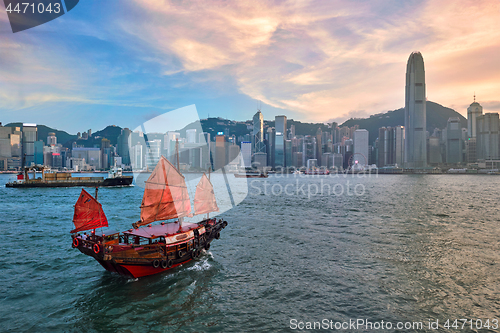 Image of Junk boat in Hong Kong Victoria Harbour