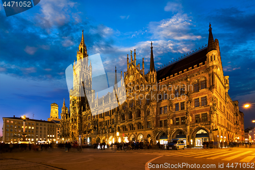 Image of Marienplatz square at night with New Town Hall Neues Rathaus