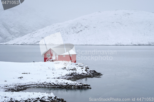 Image of Red rorbu house in winter, Lofoten islands, Norway