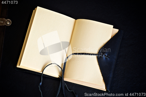 Image of blank open leather bound journal