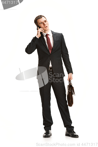 Image of Full body portrait of businessman with briefcase on white