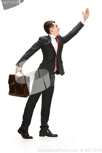 Image of Choose me. Full body view of businessman on white studio background