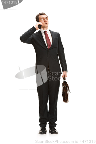 Image of Full body portrait of businessman with briefcase on white