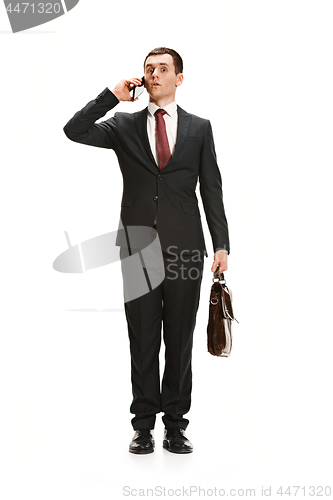 Image of Full body portrait of businessman with briefcase on white