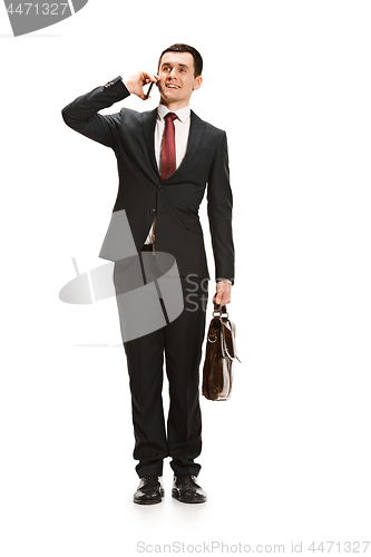 Image of Full body portrait of businessman with briefcase on white