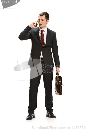 Image of Full body portrait of businessman with briefcase on white