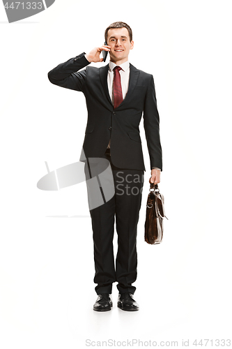 Image of Full body portrait of businessman with briefcase on white