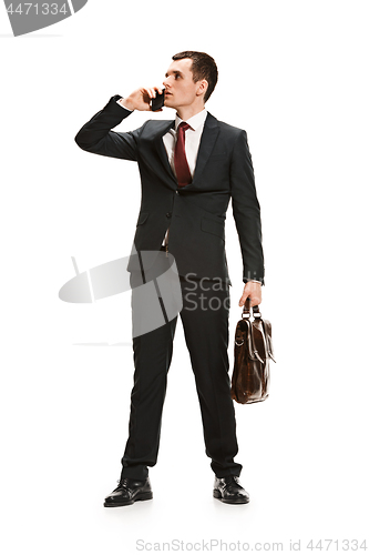 Image of Full body portrait of businessman with briefcase on white