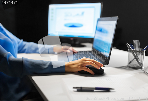 Image of close up of female hand using computer mouse