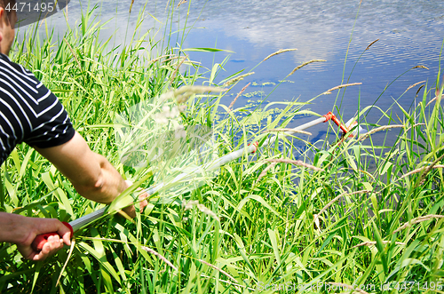 Image of Take samples of water for laboratory testing. The concept - analysis of water purity, environment, ecology.