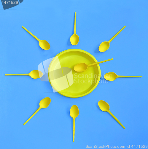 Image of A yellow plastic plate and spoons lay around it on a bright blue background. The concept of a holiday, picnic.