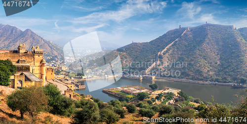 Image of View of Amer Amber fort and Maota lake, Rajasthan, India