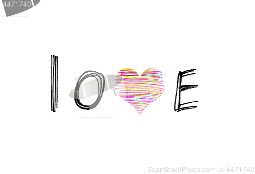 Image of Word ''Love'' with abstract heart on white background