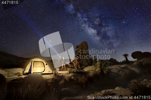 Image of Light Panted Tent in Joshua Tree National Park With Person