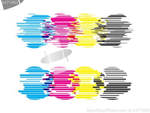 Image of CMYK circles with glitch effects. Vector illustration on white