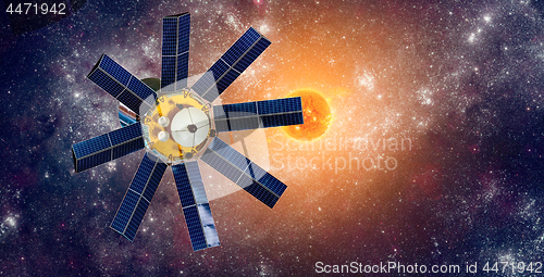 Image of Space satellite orbiting the earth on a background star sun.