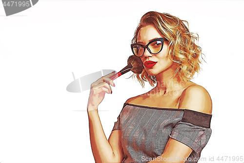 Image of Portrait of female stylist standing with makeup brushes