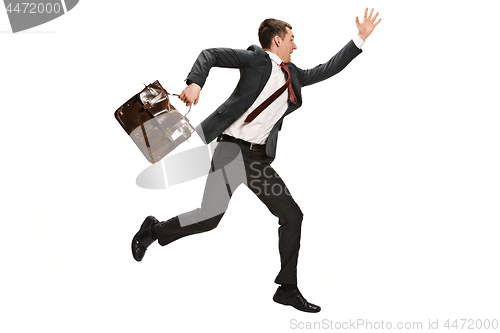 Image of Funny cheerful businessman over white background