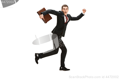 Image of Funny cheerful businessman over white background