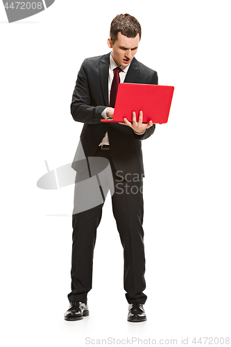 Image of Full body portrait of businessman with laptop on white