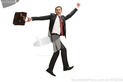 Image of Funny cheerful businessman over white background