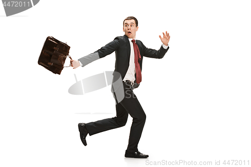 Image of Funny cheerful businessman over white background