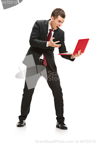 Image of Full body portrait of businessman with laptop on white