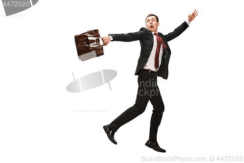 Image of Funny cheerful businessman over white background